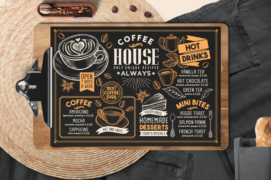 coffee menu template design for restaurant with hand drawn illustrations