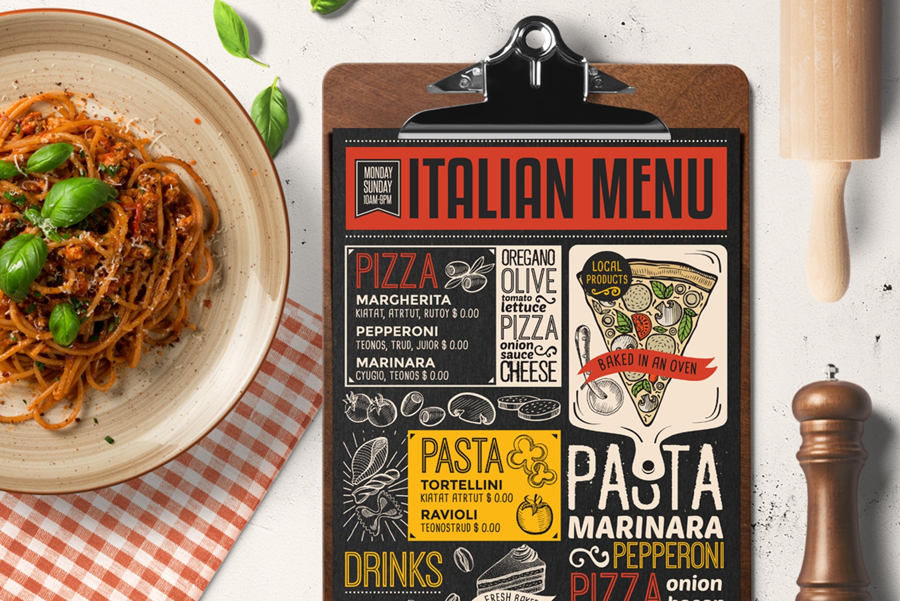 pizza pasta menu template design for restaurant with hand drawn illustrations